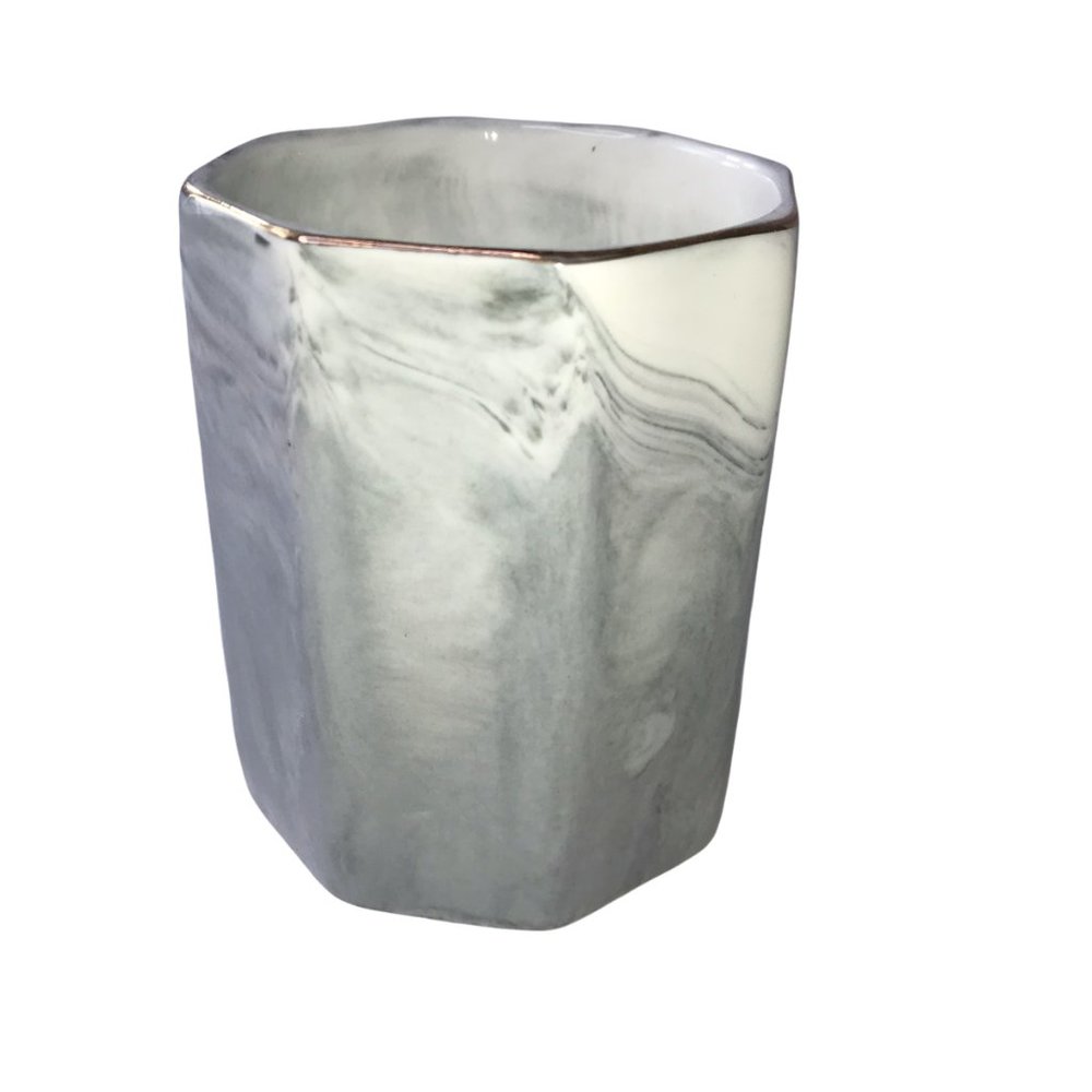 Glass Pencil Cup Jar White Gray Marble w Gold Edge Desk Accessories Home Office